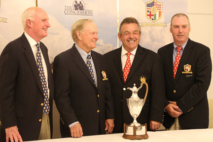 GB&I playing captain Garth McGimpsey with Jack Nicklaus and Tony Jacklin during the 2014 Concession Cup