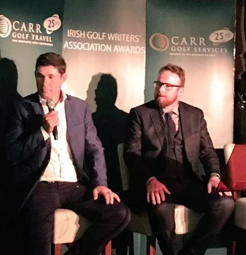 Pádraig Harrington and Shane Lowry during a Q&A held at the 2015 Irish Golf Writers' Association Awards dinner at Castleknock Golf Club, sponsored by Carr Golf