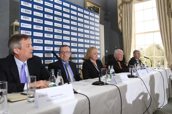 Announcing details of the Dubai Duty Free Irish Open clubs initiative are (l-r) Michael Davern, Chief Executive, The K Club; Barry Funston, Chief Executive, the Rory Foundation; Antonia Beggs, European Tour; George Horan, President Dubai Duty Free and Redmond O’Donoghue, Chairman of the Confederation of Golf in Ireland (CGI). Picture © Golffile | Fran Caffrey