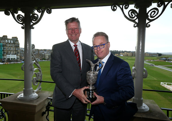 Martin Slumbers, Chief Executive of The R&amp;A, and Keith Pelley, Chief Executive of The European Tour with the Senior Open trophy. Credit: Getty Images