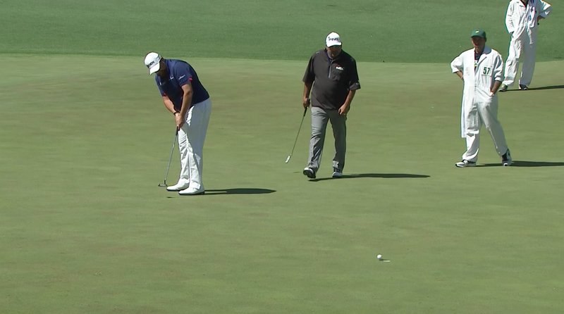 Shane Lowry pours in a birdie putt in round one of the 2016 Masters
