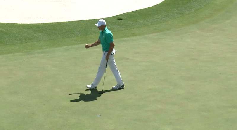 A fist pump from Jordan Spieth after his birdie at the 18th. His 66 was his eighth sub par round in nine trips around Augusta National in the Masters — 71 70 70 72; 64 66 70 70; 66.