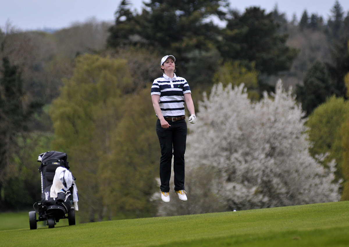 Maria Dunne (Skerries) jumping at the 16th during the Dermot Kelly Ltd (Ford Dealers) sponsored 2013 Hermitage Scratch Cup. Picture by Pat Cashman