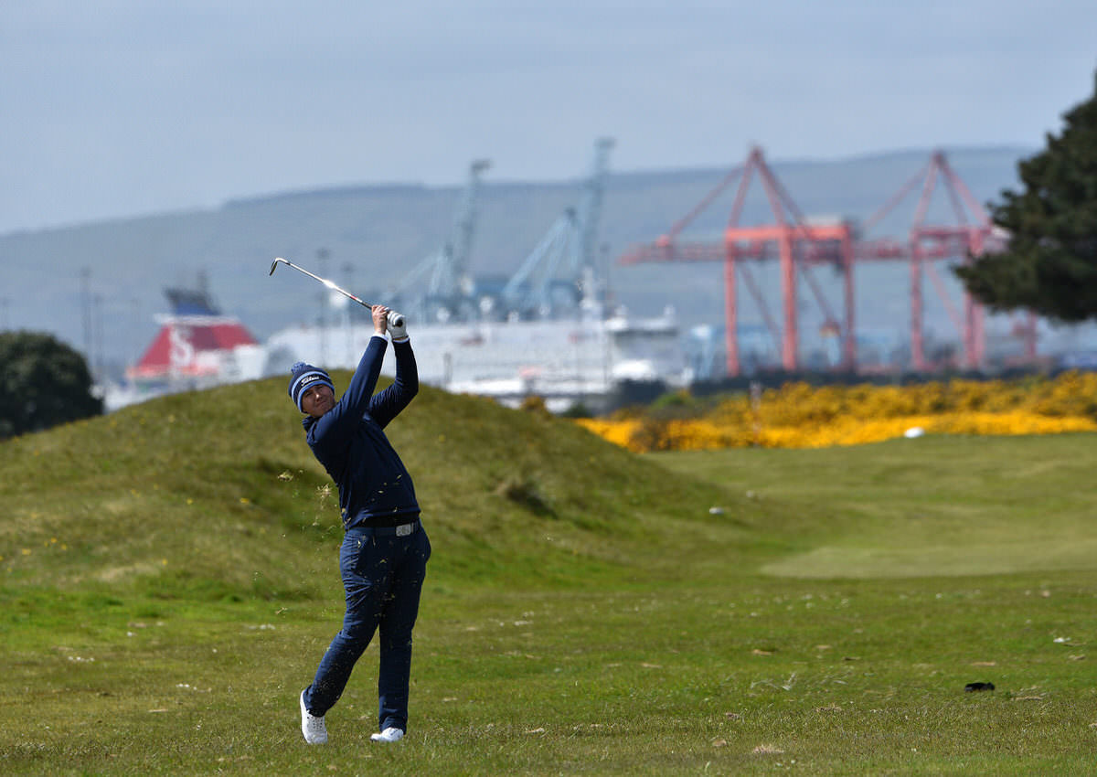 Colm Campbell (Warrenpoint) pitching at the 3rd green in the practice round for the 2016 Flogas Irish Amateur Open Championship at The Royal Dublin Golf Club. Picture by Pat Cashman