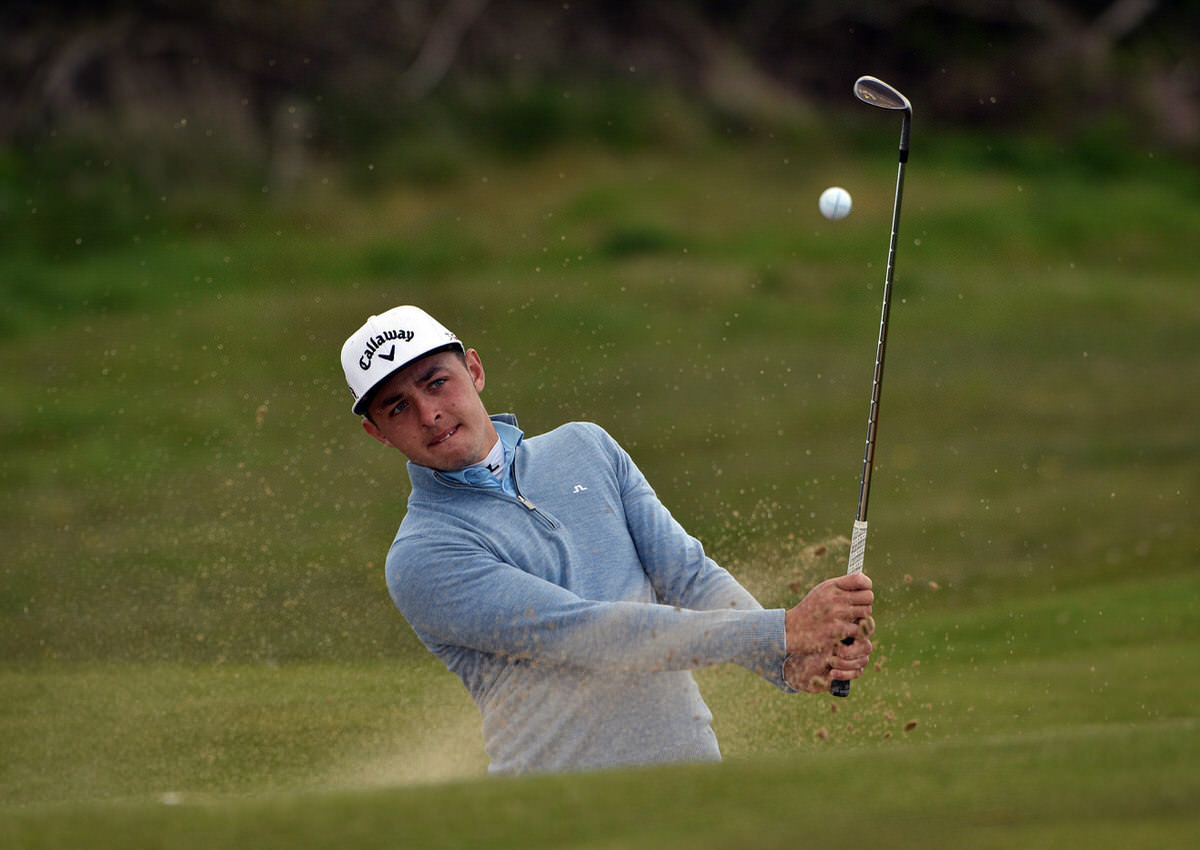 Marco Penge (England) bunkered at the 9th green in practice. Picture by Pat Cashman