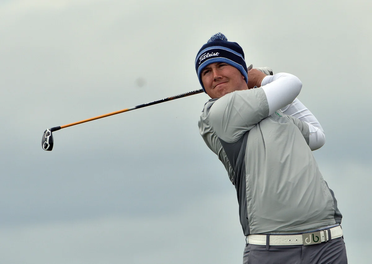 Colm Campbell Jnr (Warrenpoint) driving at the 8th tee in the first round of the 2016 Flogas Irish Amateur Open Championship at The Royal Dublin. Picture by Pat Cashman