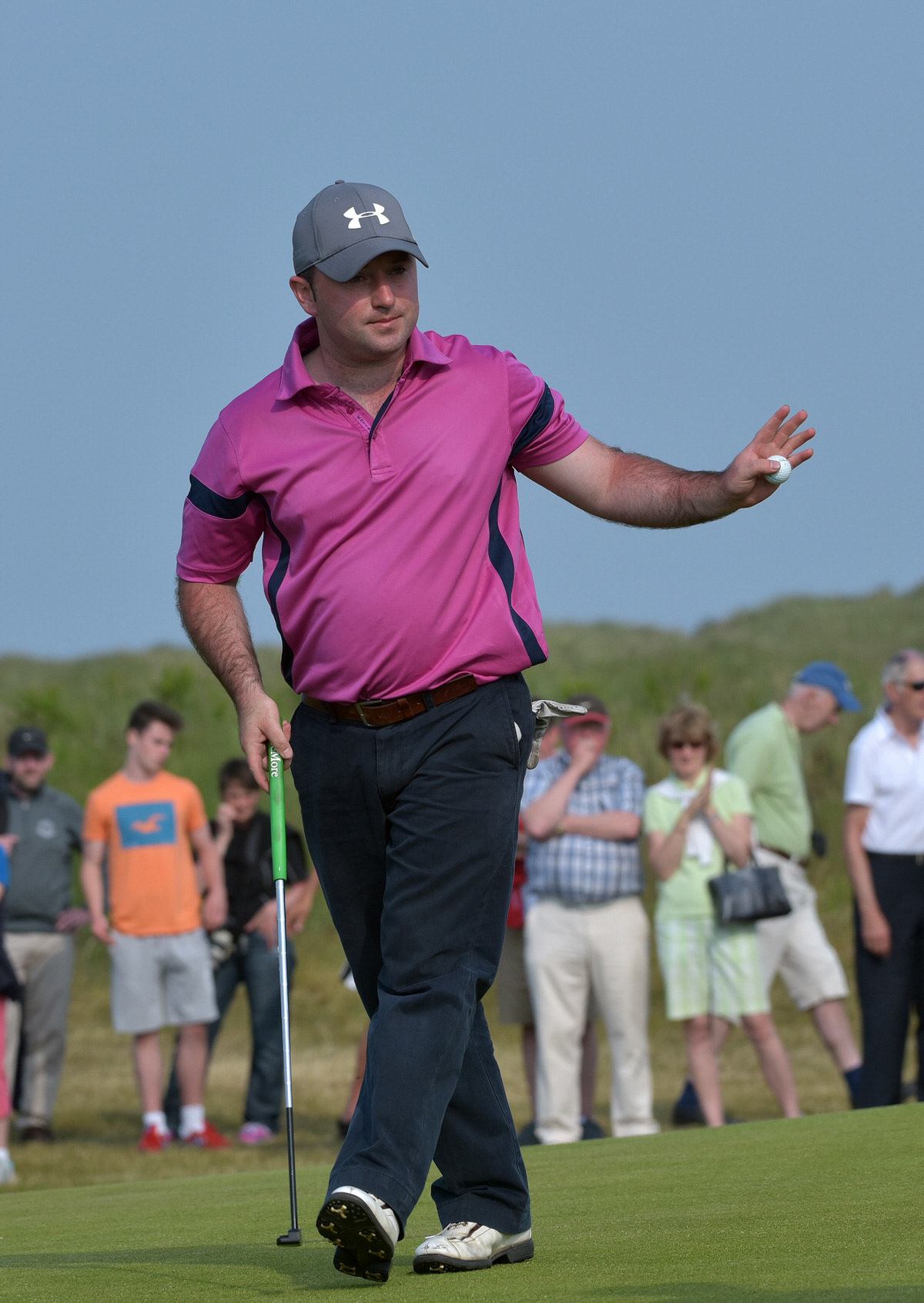 Paul O'Hanlon (Carton House) holes his par putt on the 17th green during the final round of the CityNorth Hotel sponsored East of Ireland Championship at County Louth Golf Club. Picture by Pat Cashman