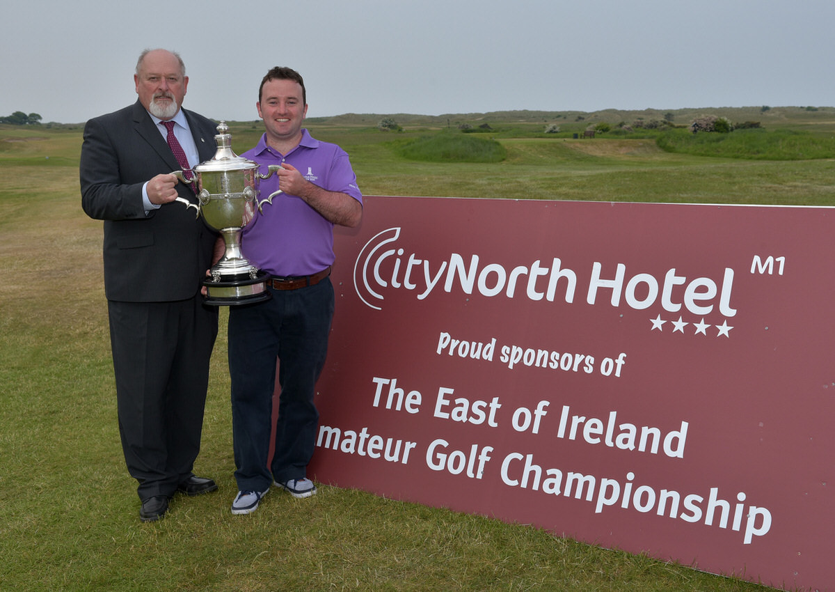 Paul O'Hanlon (Carton House) pictured with Peter Byrne (City North Hotel) after his victory at the City North Hotel sponsored East of Ireland Championship at County Louth Golf Club today (06/06/2016). Picture by Pat Cashman