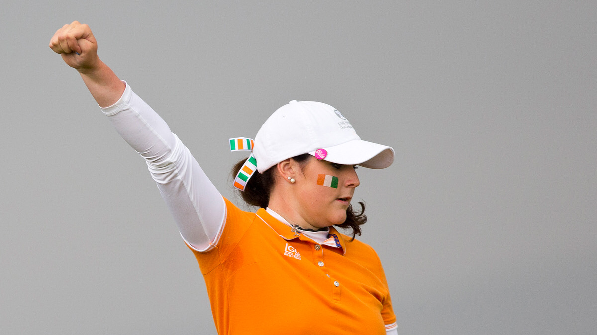 GB&I player Olivia Mehaffey celebrates after sinking a birdie putt at the ninth hole during morning foursomes at the 2016 Curtis Cup at Dun Laoghaire Golf Club near Dublin, Ireland on Saturday, June 11, 2016. (Copyright USGA/Steven Gibbons)