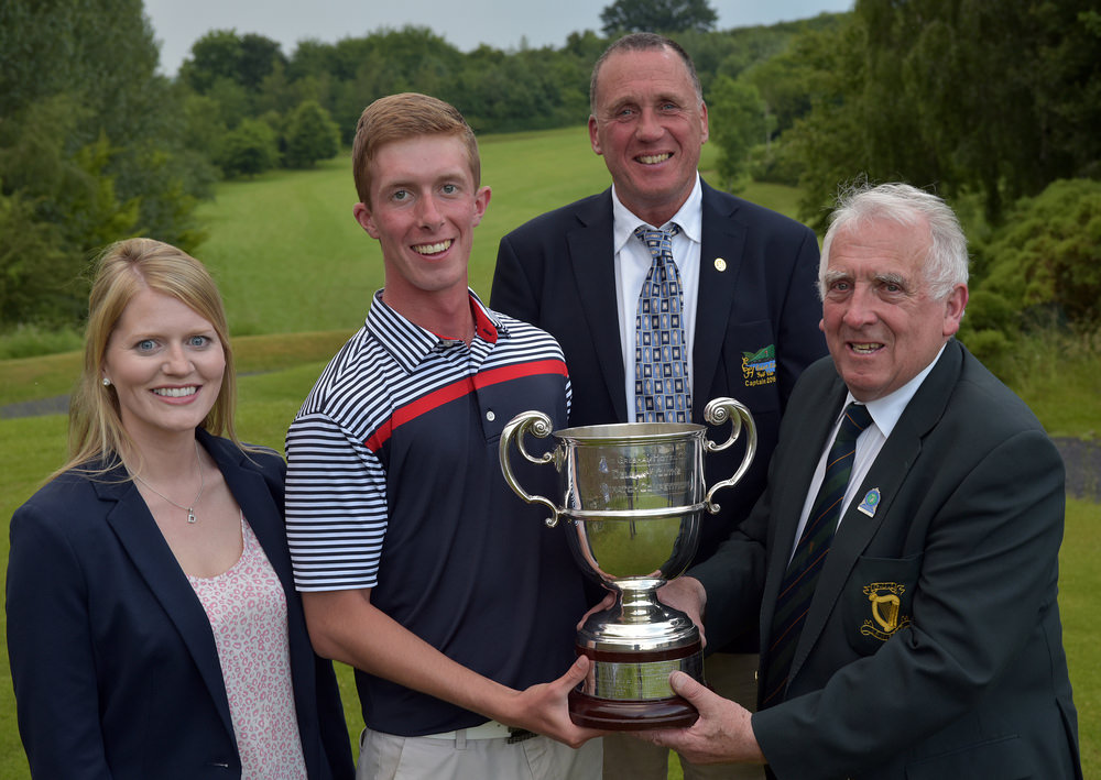 John Ferriter (Chairman, Leinster Golf, GUI) presenting Marc Norton (Belvoir Park) with the 2016 Leinster Youths Amateur Open Championship trophy after his victory at Esker Hills. Also in the picture are Deirdre Molloy (Lady Captain, Esker Hills Golf Club) and Greg Odd (Captain, Esker Hills Golf Club) Picture by Pat Cashman