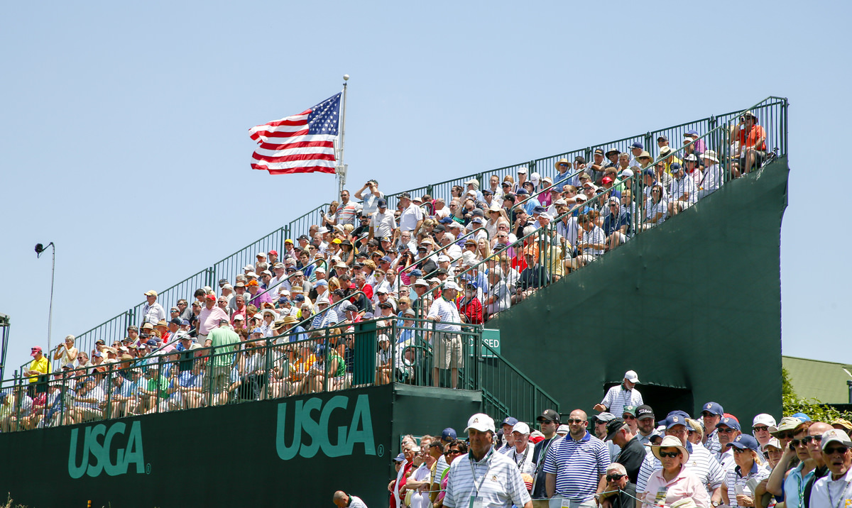 General view of the grandstands on the second hole during the first round of the 2016 U.S. Open at Oakmont Country Club in Oakmont, Pa. on Friday, June 17, 2016. (Copyright USGA/Michael Cohen)