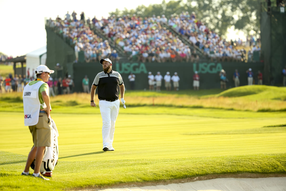 Shane Lowry reacts to missing an eagle chip on the 12th hole during the final round of the 2016 U.S. Open at Oakmont Country Club in Oakmont, Pa. on Sunday, June 19, 2016. (Copyright USGA/Darren Carroll)