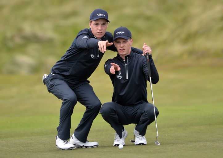 Leinster's Kevin Le Blanc and Rowan Lester lining up their putt on the 10th green during the second day of the 2015 Interprovincial Championship at Rosapenna Golf Club. Picture by Pat Cashman
