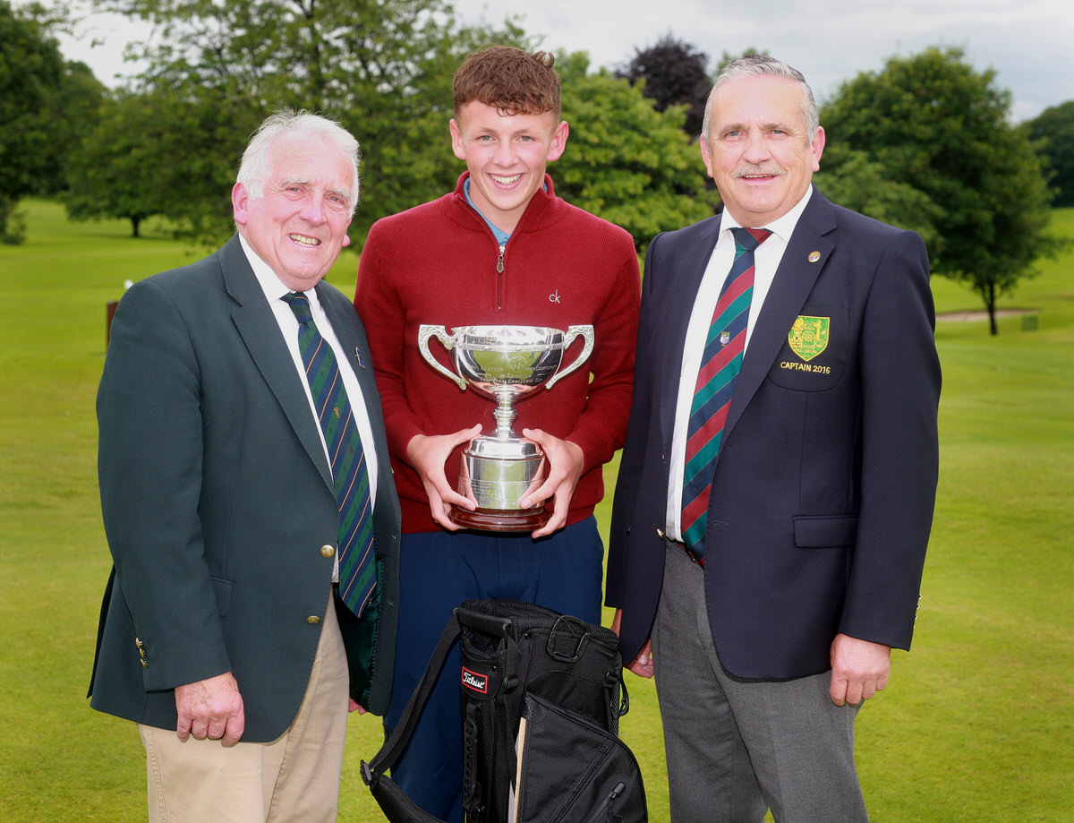 Leinster Boys' Open champion John Brady (Rosslare) with Leinster Golf chairman John Ferriter and Mullingar Golf Club captain, Gerry Austin. Picture: Ronan Temple Lang 