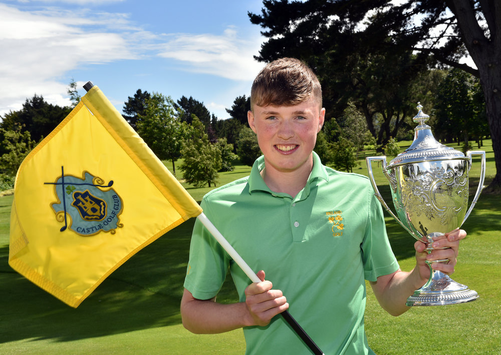 King of the Castle.......Winner Mark Power (Kilkenny) with the 2016 Irish Boys Amateur Open Championship trophy after his victory at Castle Golf Club. Picture by Pat Cashman