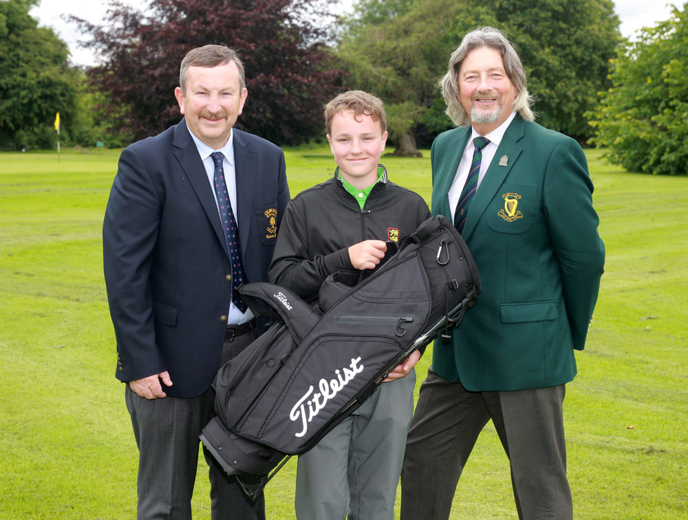 Winner of the Leinster Boys U13 at Elm Hall, Celbridge, Ciaran Mahon (Kilcock golf club) with Elm Hall Captain, Brian McGovern and Henry Lee, Leinster Golf. Picture: Ronan Lan 