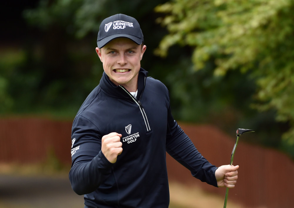 Conor Purcell (Leinster) holes the winning putt on the 18th green to clinch victory in the 2016 Interprovincial Championship at Fota Island. Picture by Pat Cashman
