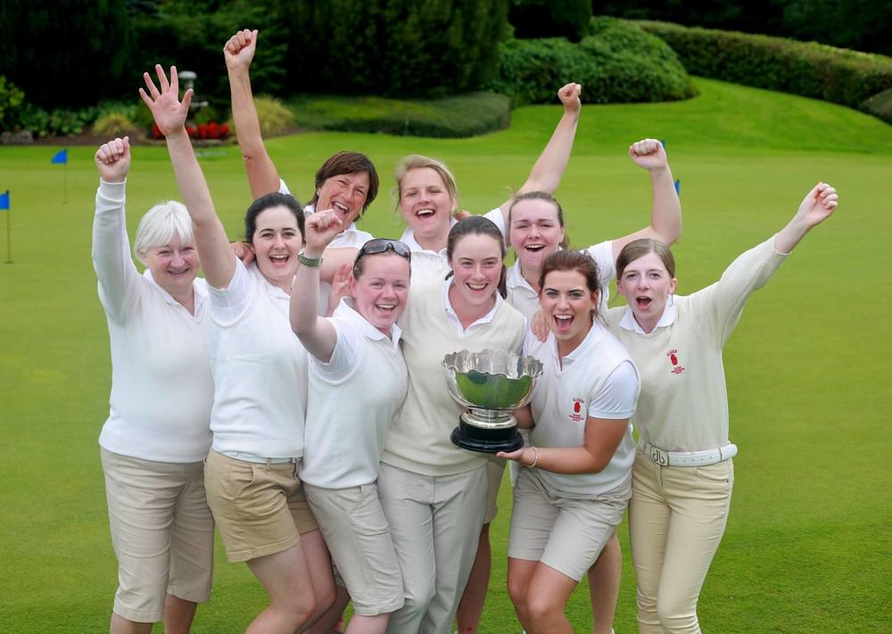 The victorious Ulster Women's team celebrate after winning the Interprovincial title at Slieve Russell. L-R Ray Gregg, Ulster district Hon Sec., Paula Grant, Captain Janet Wilson, Niamh Ward, Tara Gribben, Lisa Maguire, Hannah Henderson, Chloe Weir, Jenny Young, manager. Picture: Ronan Lang