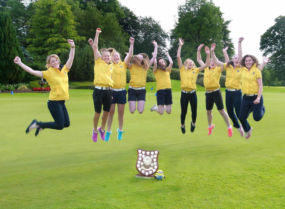 The victorious Leinster Girls team celebrate after winning the Girls' Interprovincial series at Slieve Russell. L-R, Captain Suzie Hayes, Elisa Corcoran, Anna Foster, Ellen O'Gorman, Eleanor Metcalfe, Georgia Carr, Clodagh & Lauren Walsh, and Danielle Colgan. Picture: Ronan Lang