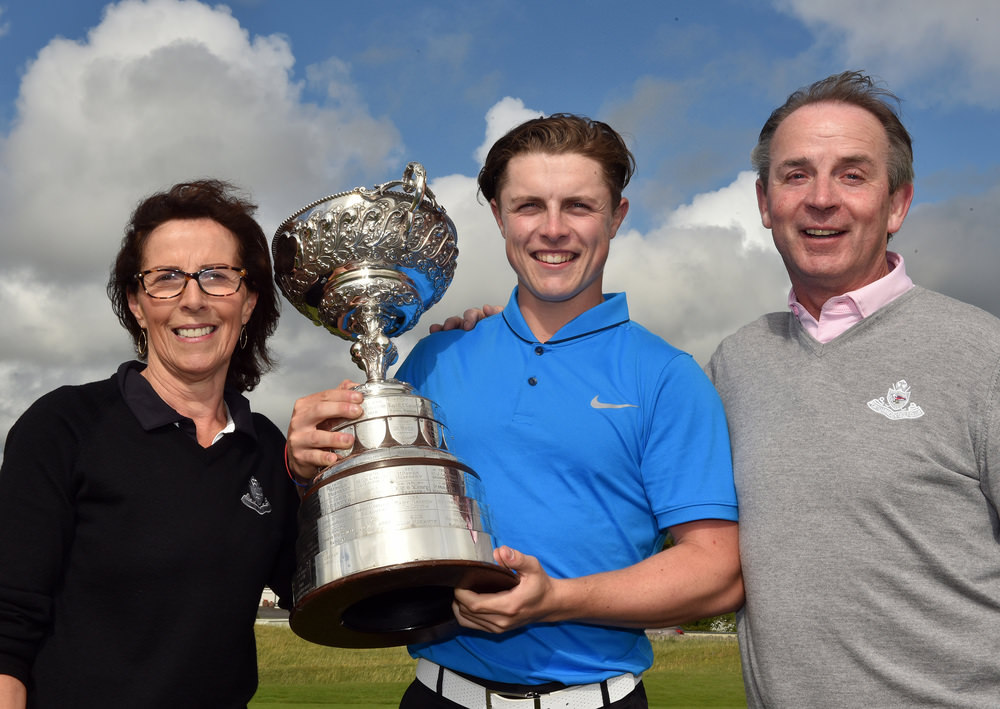 Conor Purcell (Portmarnock) winner of the 2016 South of Ireland Championship at Lahinch Golf Club with his mother Mary and father Joey. Picture by Pat Cashman