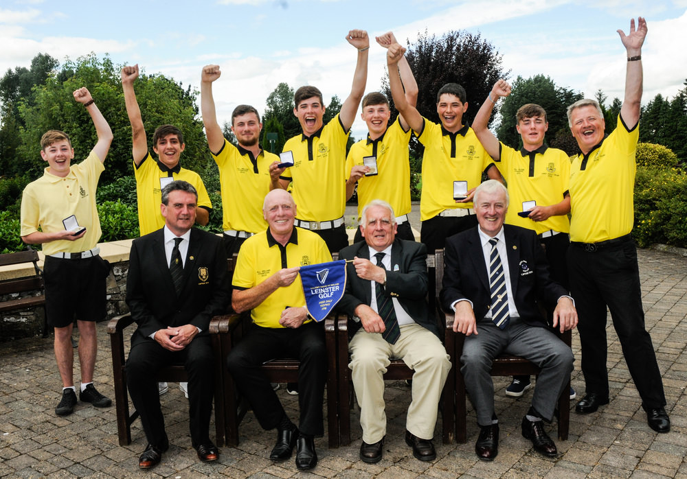 The winning Kilkenny team, front (l to r): Frank Dalton, Captain of Kilkenny, Leo Byrne, Team Manager, John Ferriter, Chairman of Leinster Golf and Paddy Walsh, Captain of Royal Tara. Back: Simon Cullen, Jeff Kealy, Kevin Power, Harry Duggan, Mark Power, Richard Duggan, James Everard and Eddie Power, Assistant Team Manager. Photo: Ronan Quinlan