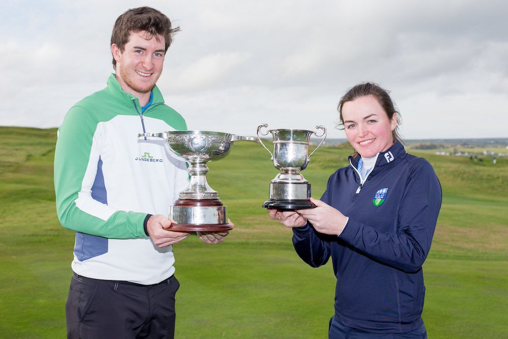 Caption: John Hickey and Chloe Ryan with their trophies at the Irish Intervarsity Championships in Lahinch - image courtesy of Golffil