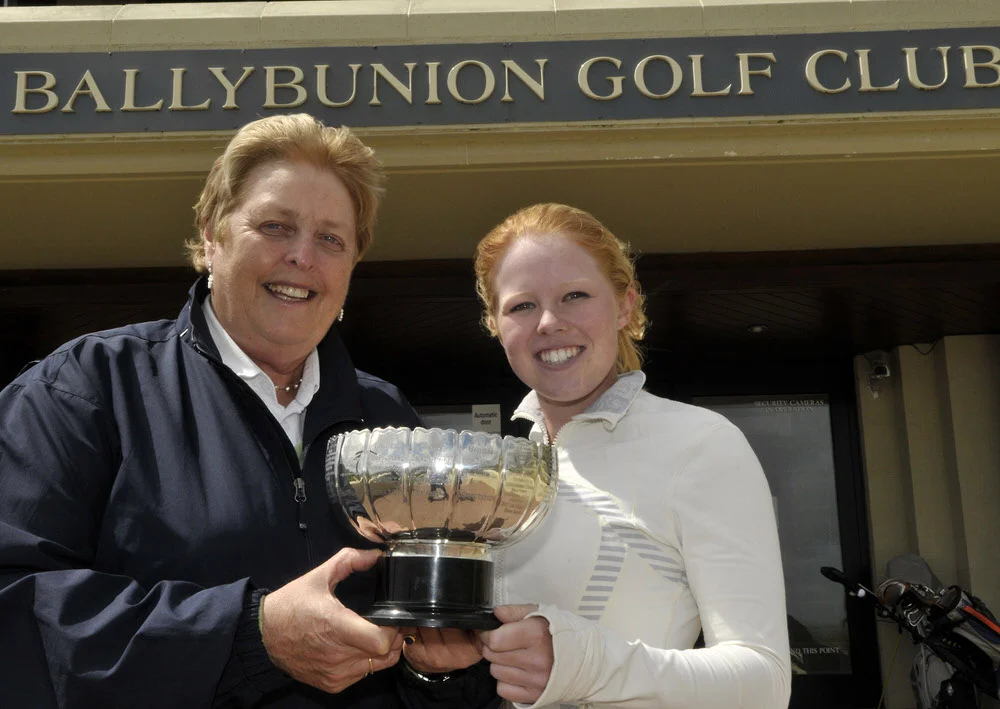 Mary McKenna (President, Irish Ladies Golf Union) presenting Stephanie Meadow (Royal Portrush) with the Leitrim Cup at the Irish Women's Amateur Close Championship at Ballybunion Golf Club today (Sunday 23/06/2013). Picture by Pat Cashman