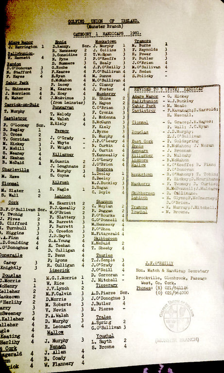 The list of Category One golfers in Munster in 1981