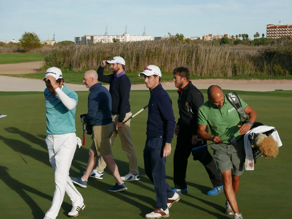 Ruaidhri McGee and Dermot McElroy walk off the ninth at the Lakes Course. Picture © Brian Keogh