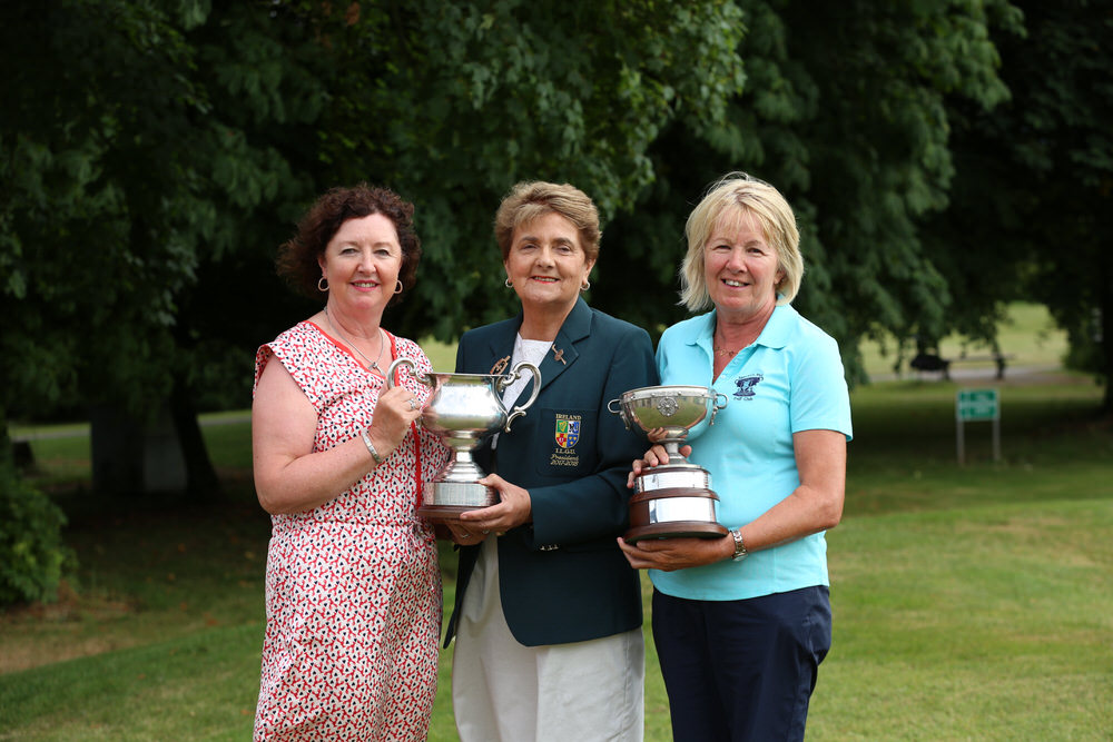  Suzanne Corcoran (Portumna) winner of the Irish Senior Womens Close Championship 2018 at Monkstown Golf Club, Cork and Joan Scanlon (Newcastle West) winner of the Irish Senior Women's Close Plate (Shirley Mac Donald Trophy) with Vonnie Noonan, Presi