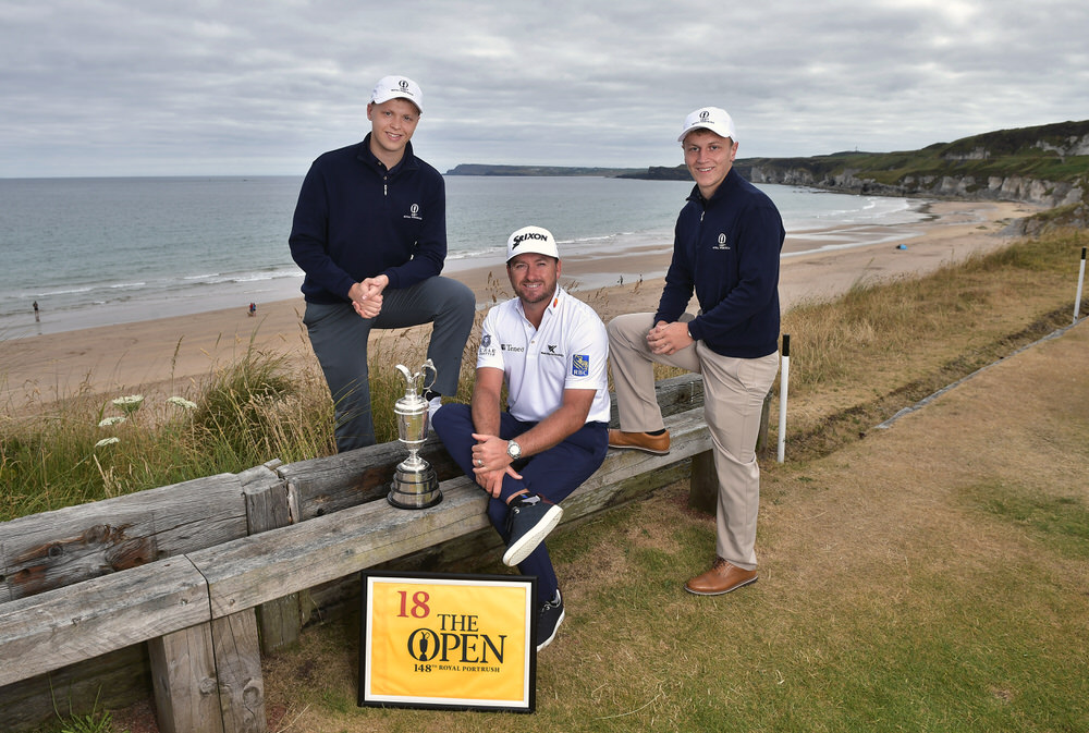  PORTRUSH, NORTHERN IRELAND - JULY 09: Graeme McDowell, Major Champion and Mastercard Global Ambassador, returned to Royal Portrush Golf Club along with Conor Clarke (L) and Callum Beggs (R) to mark the going on sale of the first tickets to The 148th