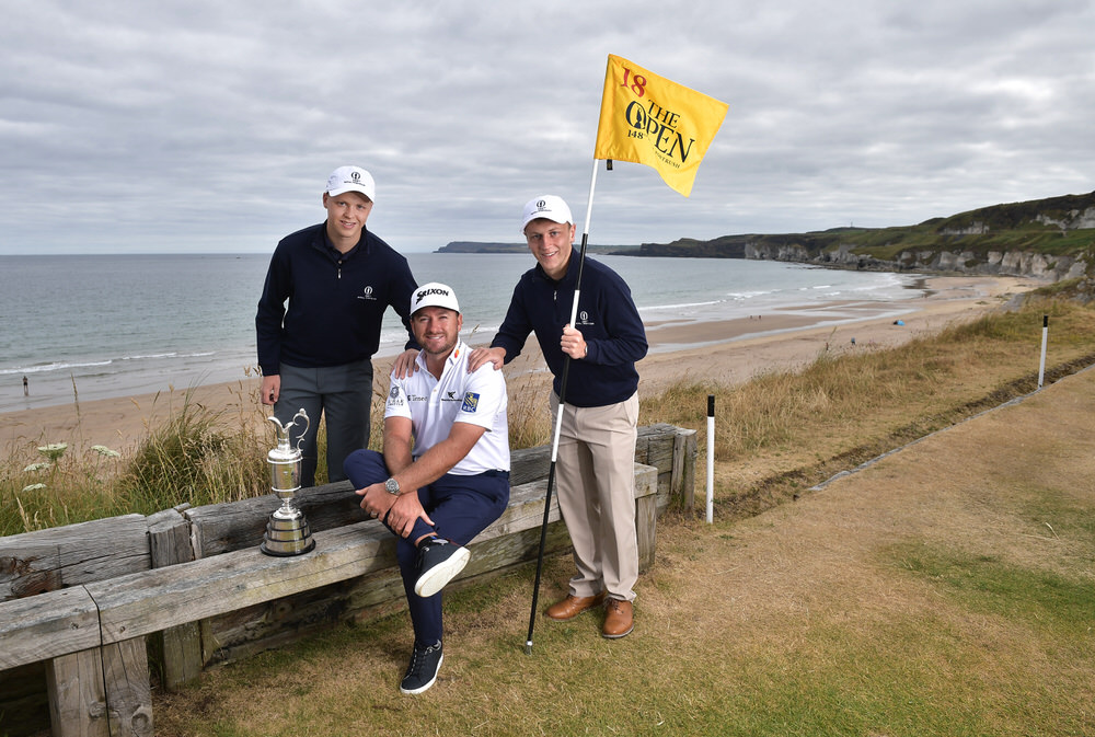  PORTRUSH, NORTHERN IRELAND - JULY 09: Graeme McDowell, Major Champion and Mastercard Global Ambassador, returned to Royal Portrush Golf Club along with Conor Clarke (L) and Callum Beggs (R) to mark the going on sale of the first tickets to The 148th