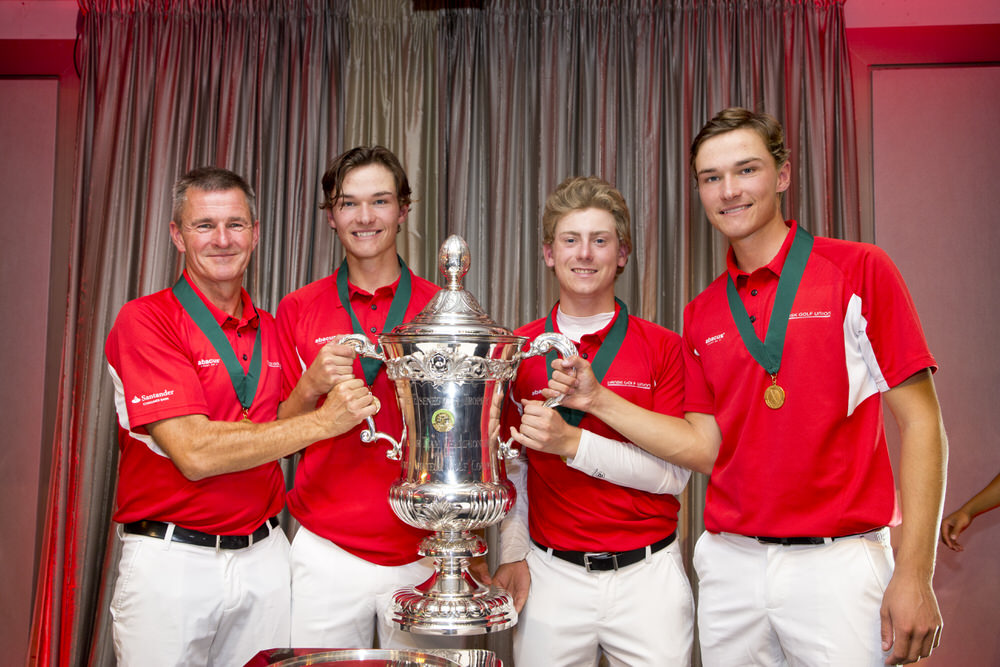 The team from Denmark poses with the Eisenhower Trophy (left to right): captain Torben Henriksen Nyehuus, Nicolai Hojgaard, John Axelsen, and Rasmus Hojgaard at the awards ceremony following the final round of stroke play at the 2018 World Amateur T