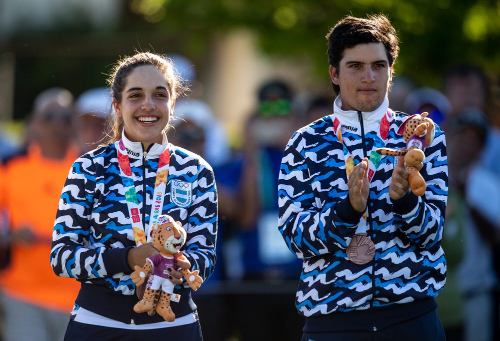  Bronze Medalists in the Golf Mixed Team Event Mateo Fernandez De Oliveira ARG and Ela Anacona ARG of Team Argentina during the medal ceremony at the Hurlingham Club during The Youth Olympic Games, Buenos Aires, Argentina, Monday 15th October 2018. P