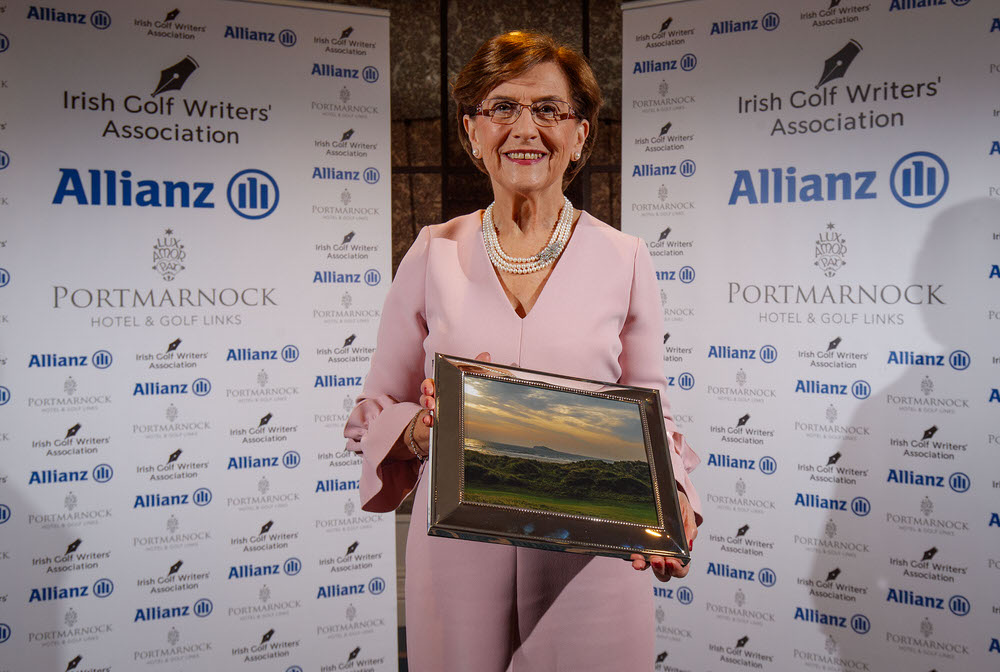  REPRO FREE***PRESS RELEASE NO REPRODUCTION FEE*** EDITORIAL USE ONLY 
2018 Allianz Irish Golf Writers Association Awards, Portmarnock Hotel and Golf Links, Dublin 13/12/2018
Miriam Hand who received the Distinguished Services to golf award in honour