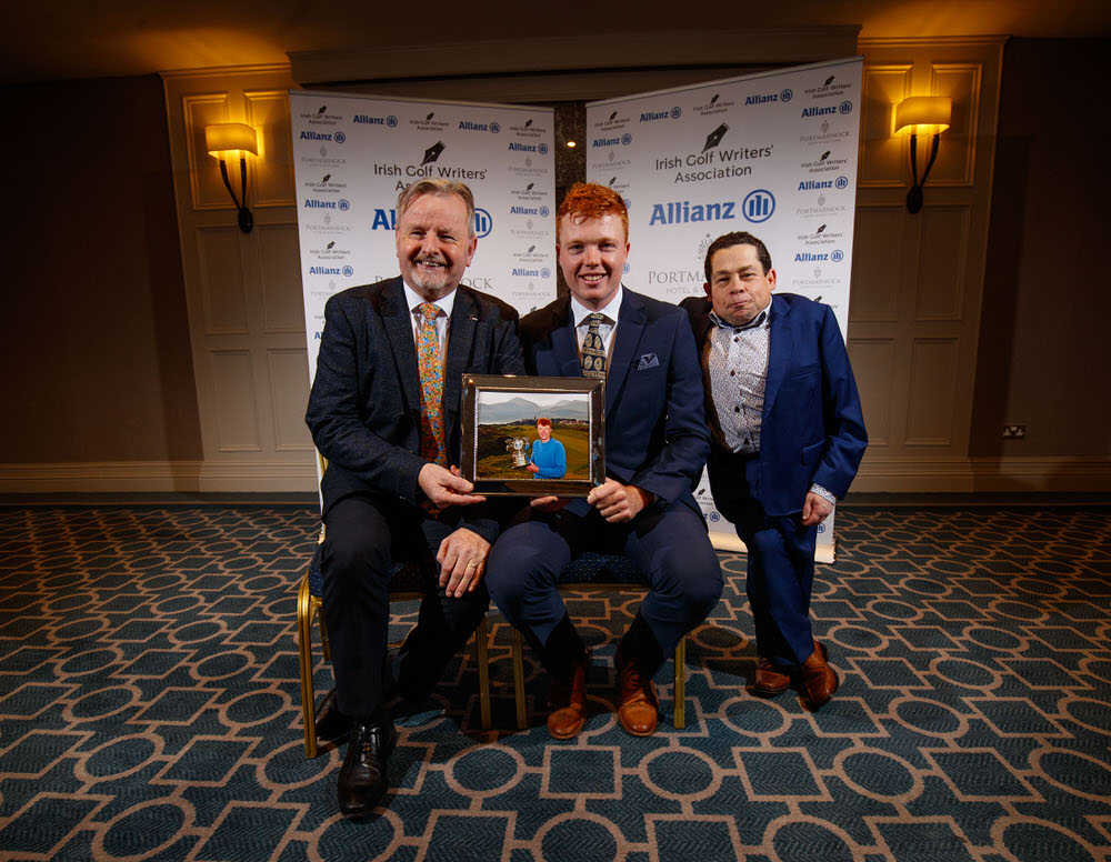  REPRO FREE***PRESS RELEASE NO REPRODUCTION FEE*** EDITORIAL USE ONLY 
2018 Allianz Irish Golf Writers Association Awards, Portmarnock Hotel and Golf Links, Dublin 13/12/2018
Damian O'Neill, Allianz, Robin Dawson, Men's Amateur Golfer of the Year and