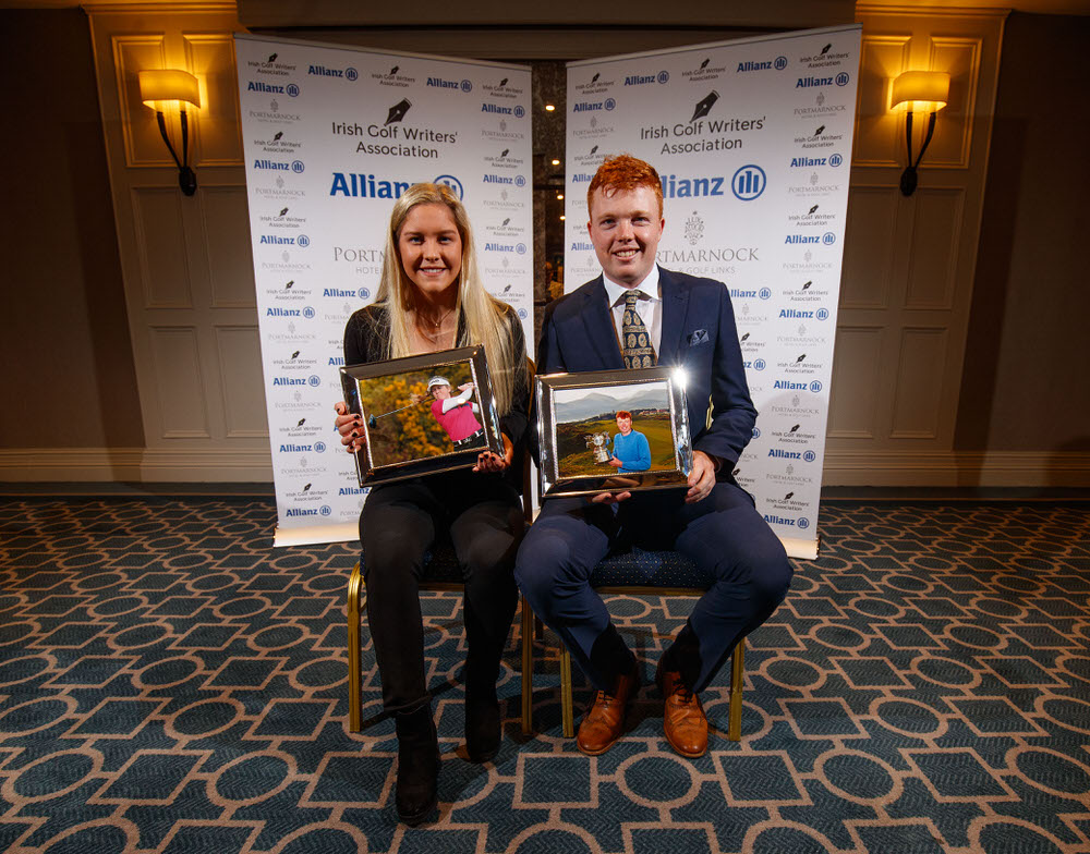  REPRO FREE***PRESS RELEASE NO REPRODUCTION FEE*** EDITORIAL USE ONLY 
2018 Allianz Irish Golf Writers Association Awards, Portmarnock Hotel and Golf Links, Dublin 13/12/2018
Robin Dawson, Men's Amateur Golfer of the Year with Sara Byrne - Women's Am