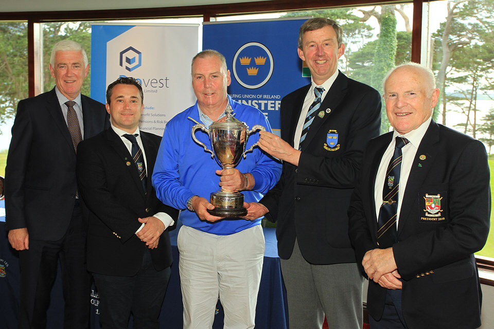  Garth McGimpsey (Royal Portrush) receiving the Munster Seniors Trophy from Jim Long, Chairman Munster Golf.  Also included is Mark O'Sullivan, Provest (sponsor), James Curran, Captain & Tom Prendergast, President, Killarney Golf & Fishing Club.
Pict