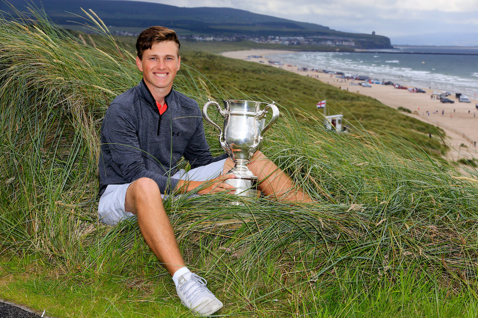 Arron Edwards-Hill (Chelmsford) poses above the strand following his North of Ireland Amateur Championship in at Portstewart Golf Club. Picture: Golffile | Fran Caffrey