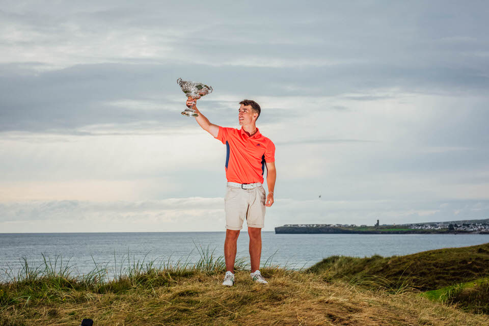  Sean Desmond with the trophy above Lahinch Beach as he beat Keith Egan the Final of The South of Ireland Championships played in Lahinch Golf Club, Clare this Sunday evening. Picture:  Brian Arthur  