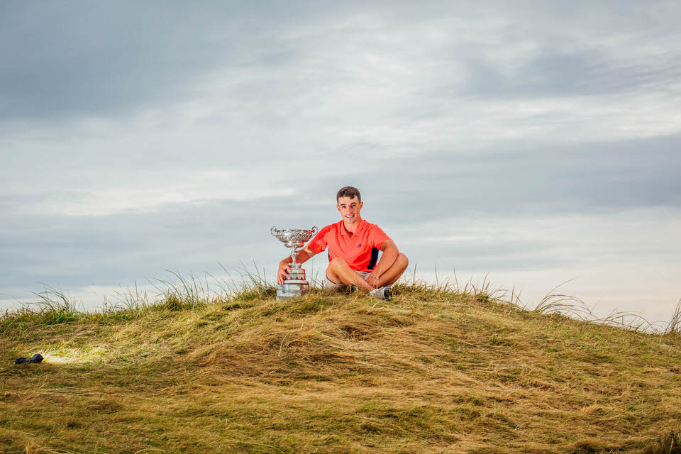  Sean Desmond with the trophy above Lahinch Beach as he beat Keith Egan the Final of The South of Ireland Championships played in Lahinch Golf Club, Clare this Sunday evening. Picture:  Brian Arthur  
