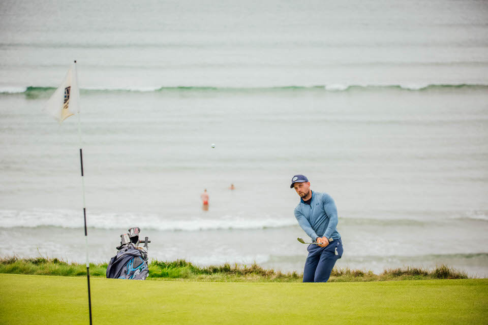  Keith Egan chips to the 7th as he lost out to Sean Desmond in the Final of The South of Ireland Championships played in Lahinch Golf Club, Clare this Sunday evening. Picture:  Brian Arthur  