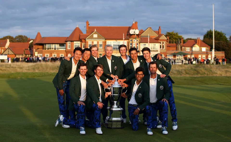 USA Team poses with the trophy following their win in the 2019 Walker Cup at Royal Liverpool. Front row left to right, Alex Smalley, Andy Ogletree, Akshay Bhatia, Stewart Hagestad. Back row left to right, Brandon Wu, John Pak, John Augenstein, Capta…