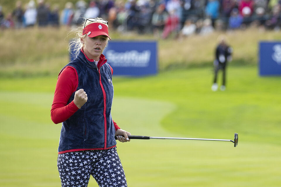 13.09.19. Ladies European Tour 2019. The Solheim Cup, PGA Centenary Course, Gleneagles Hotel, Scotland. 13-15 September 2019. Nelly Korda of the USA celebrates an eagle put on the 9th hole during Friday afternoon foursomes. Credit: Tristan Jones 