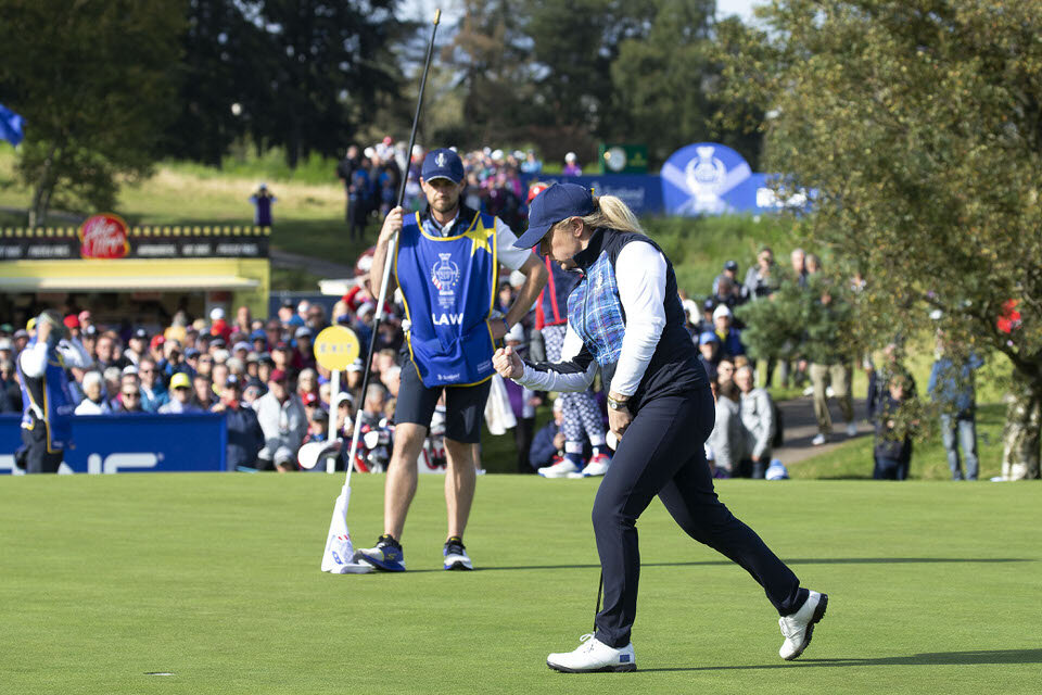  13.09.19. Ladies European Tour 2019. The Solheim Cup, PGA Centenary Course, Gleneagles Hotel, Scotland. 13-15 September 2019. Bronte Law of England celebrates the winning put on the 7th green to go one up during Friday afternoon foursomes. Credit: T