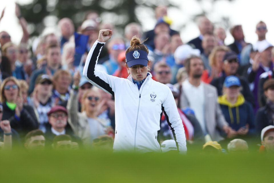  13.09.19. Ladies European Tour 2019. The Solheim Cup, PGA Centenary Course, Gleneagles Hotel, Scotland. 13-15 September 2019. Anne Van Dam of the Netherlands celebrates on the 10th tee during Friday afternoon foursomes. Credit: Matthew Lewis/LET 
