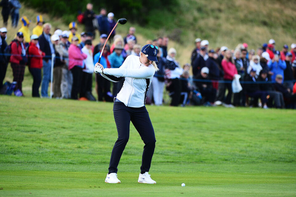  13.09.19. Ladies European Tour 2019. The Solheim Cup, PGA Centenary Course, Gleneagles Hotel, Scotland. 13-15 September 2019. Anna Nordqvist of Sweden takes her second shot to the 9th green during Friday afternoon foursomes. Credit: Mark Runnacles/L