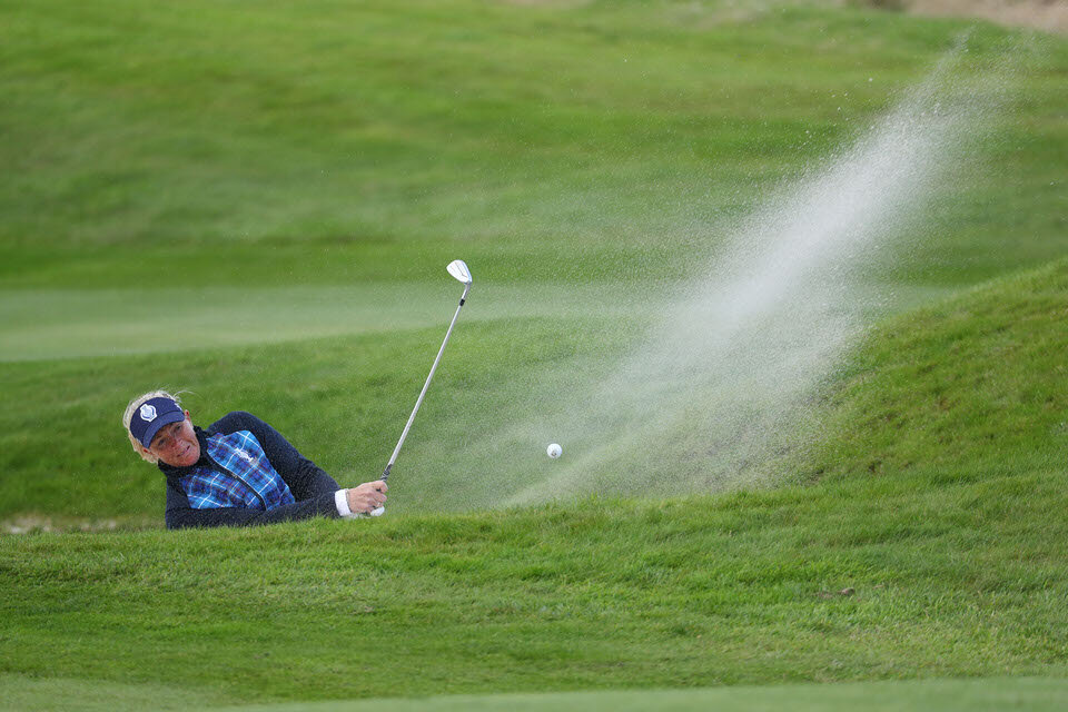  13.09.19. Ladies European Tour 2019. The Solheim Cup, PGA Centenary Course, Gleneagles Hotel, Scotland. 13-15 September 2019. Suzann Pettersen of Norway takes her second shot on the 8th hole during Friday afternoon foursomes. Credit: Matthew Lewis/L