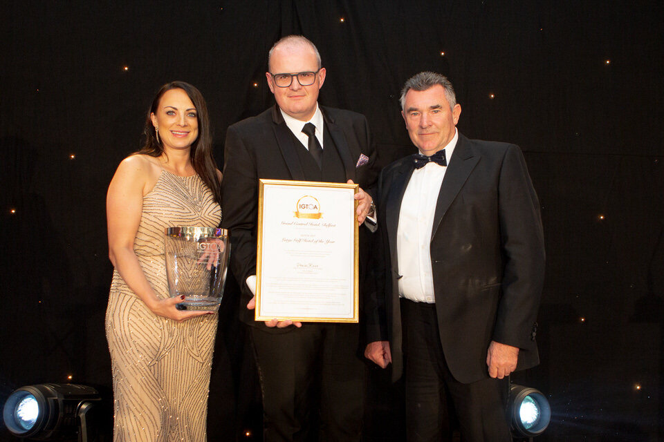  IGTOA 2019 LARGE GOLF HOTEL OF THE YEARWinner: Grand Central Hotel, BelfastAccepting the Award: Stephen Meldrum, General ManagerPresented by IGTOA Member Ron Smartt, Travelling The Fairways & IGTOA Sponsor Leanne Rice, Tourism Northern Ireland 