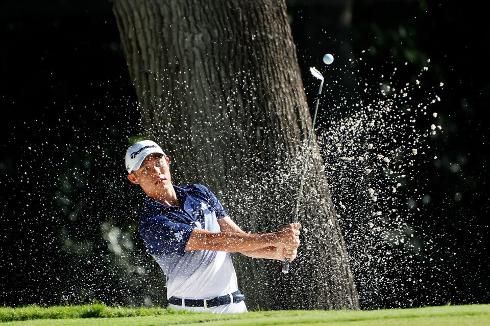  FORT WORTH, TEXAS - JUNE 12: Collin Morikawa of the United States plays a shot from a bunker on the eighth hole during the second round of the Charles Schwab Challenge on June 12, 2020 at Colonial Country Club in Fort Worth, Texas. (Photo by Tom Pen